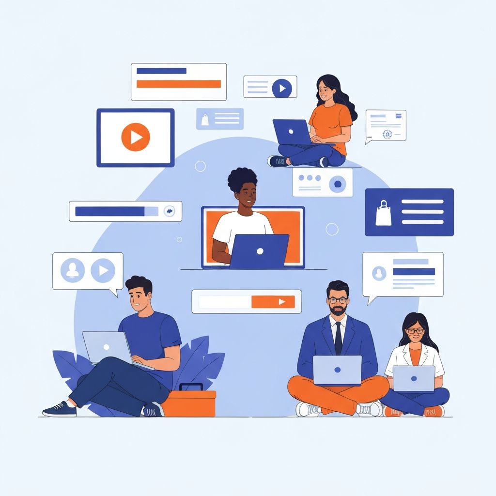 Diverse students learning online with laptops and tablets